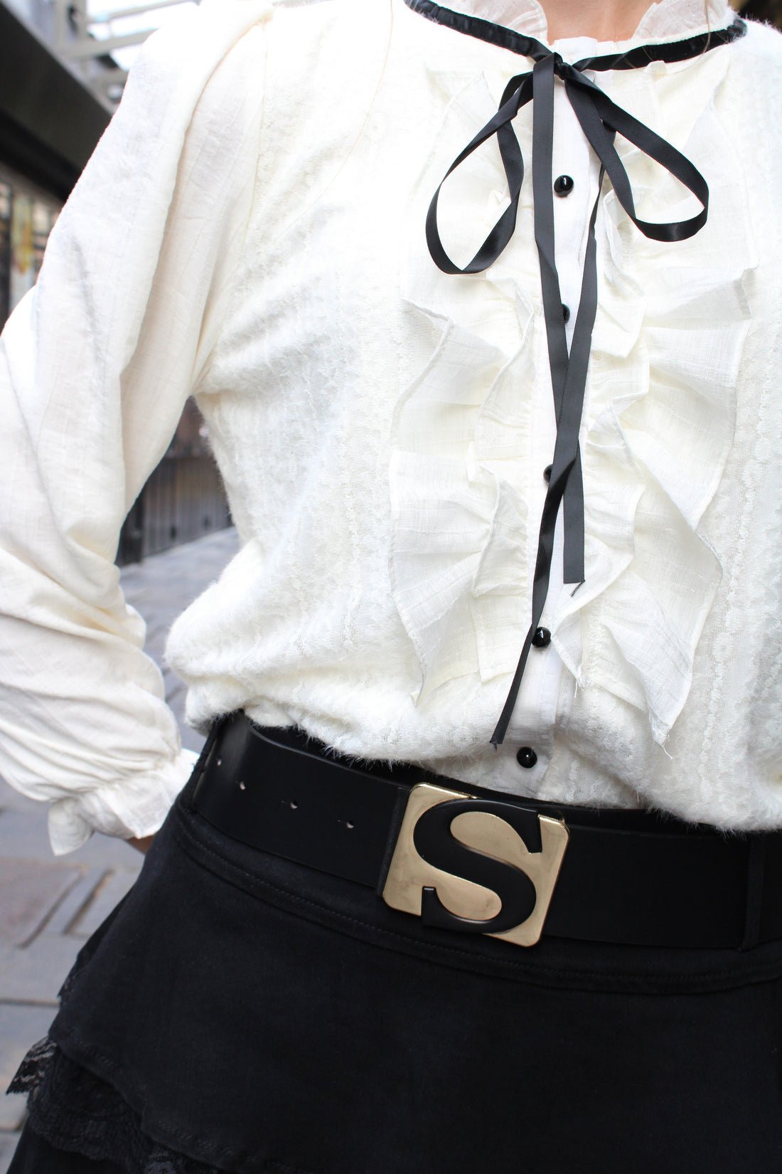 Midnight Ribbon Ruffle Blouse