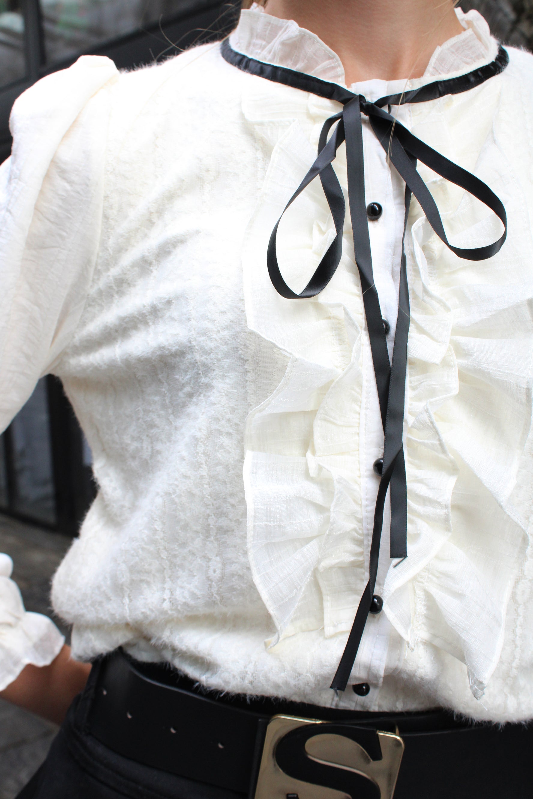 Midnight Ribbon Ruffle Blouse