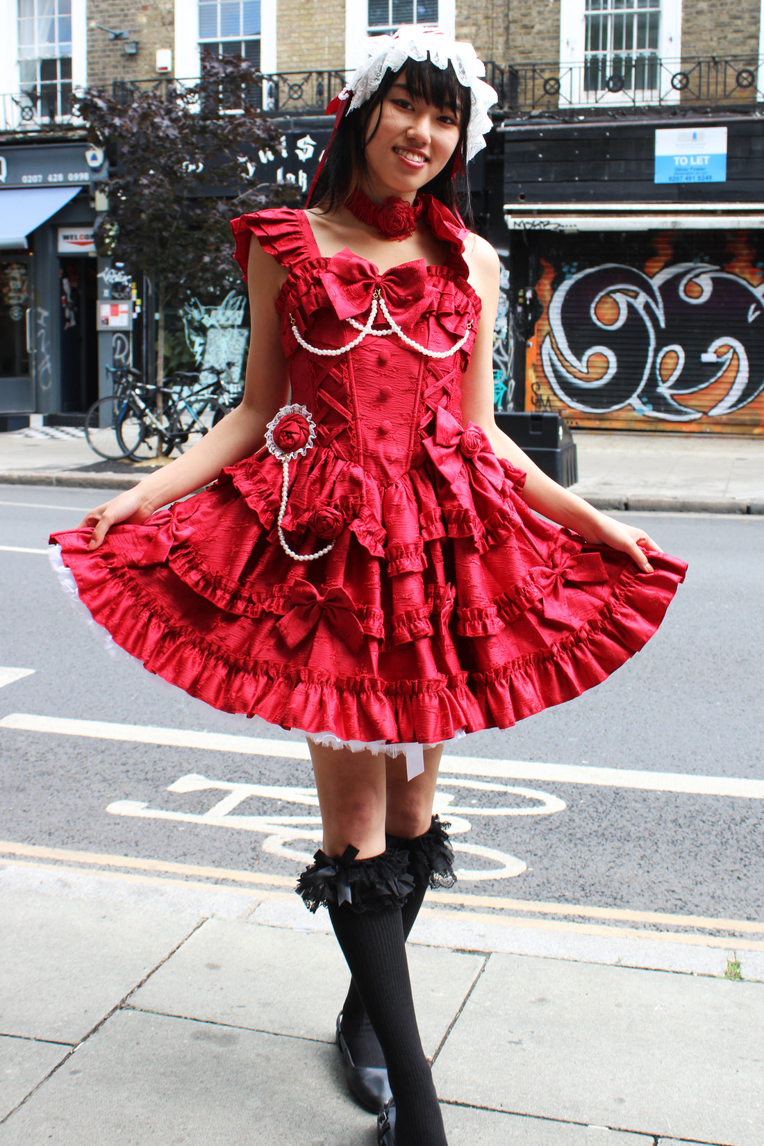 Scarlet Elegance – Red Ruffled Lolita Dress with Pearl Trimming