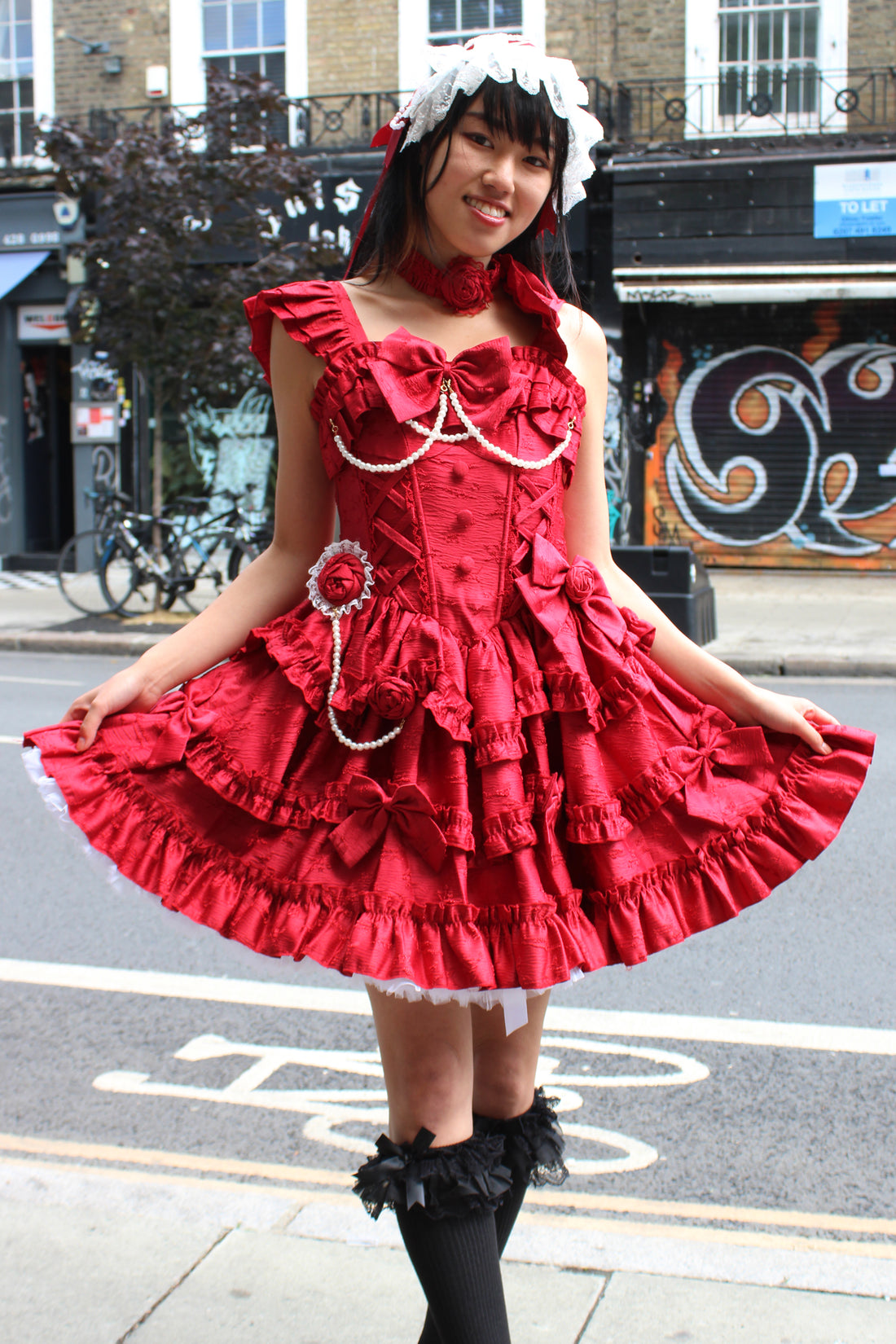 Scarlet Elegance – Red Ruffled Lolita Dress with Pearl Trimming