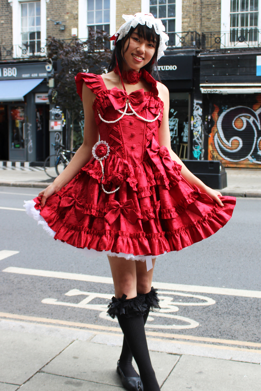 Scarlet Elegance – Red Ruffled Lolita Dress with Pearl Trimming