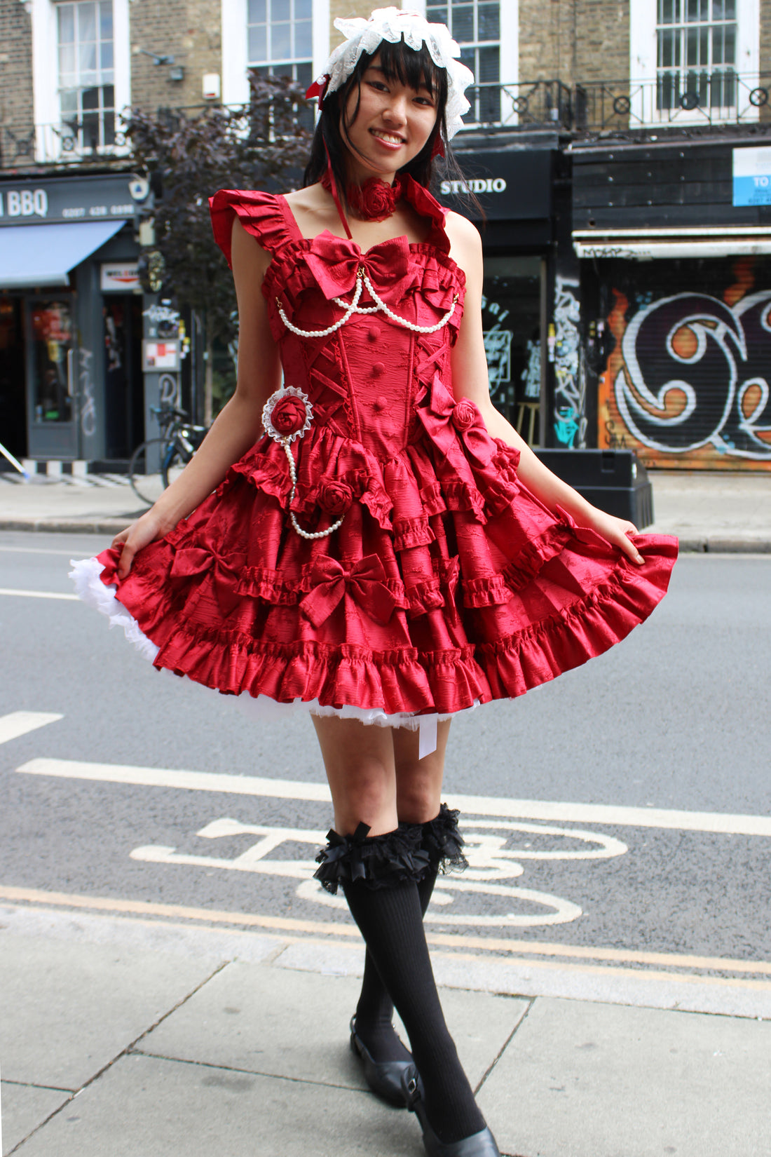 Scarlet Elegance – Red Ruffled Lolita Dress with Pearl Trimming