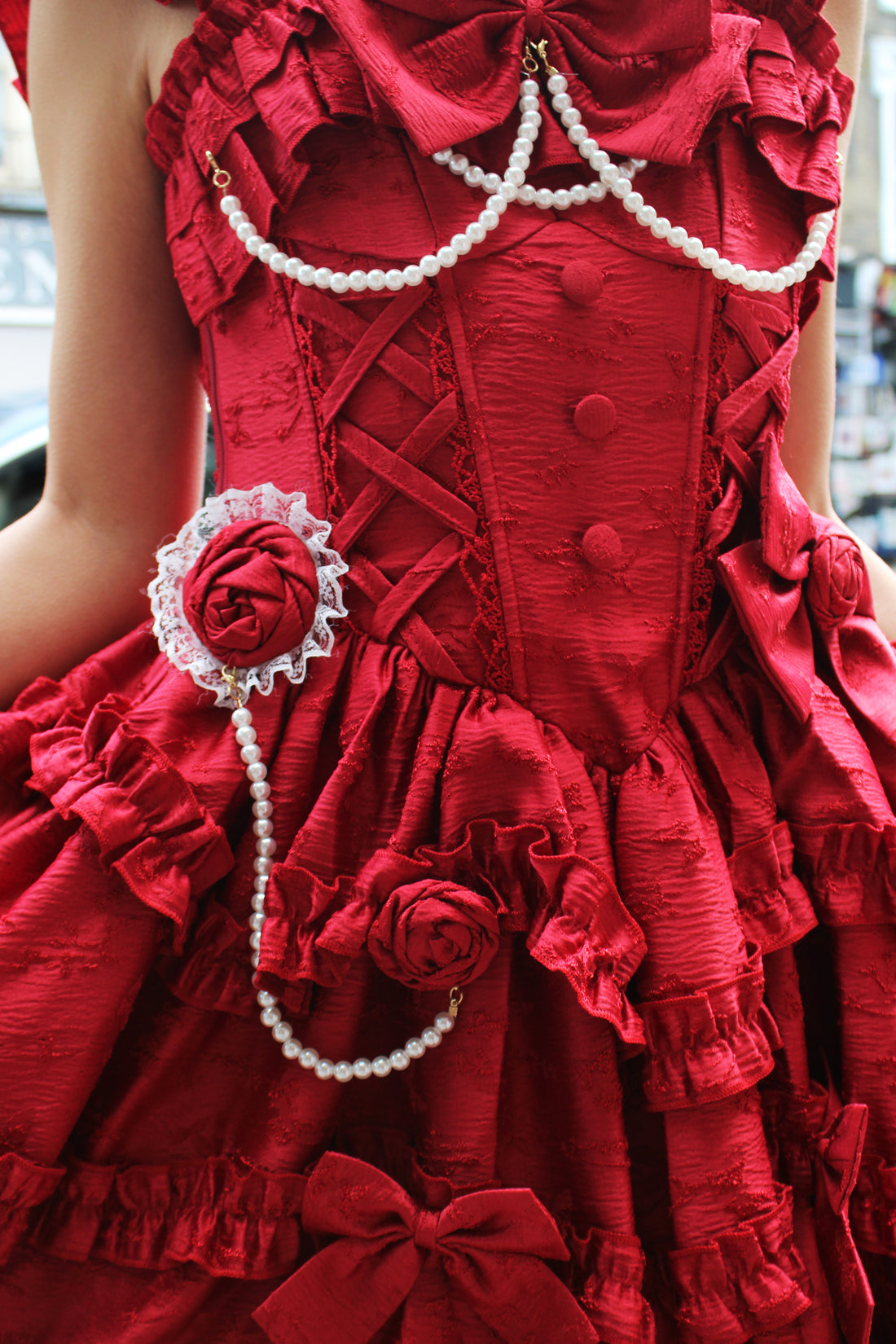 Scarlet Elegance – Red Ruffled Lolita Dress with Pearl Trimming