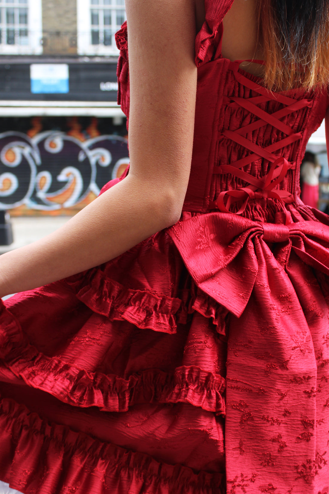 Scarlet Elegance – Red Ruffled Lolita Dress with Pearl Trimming