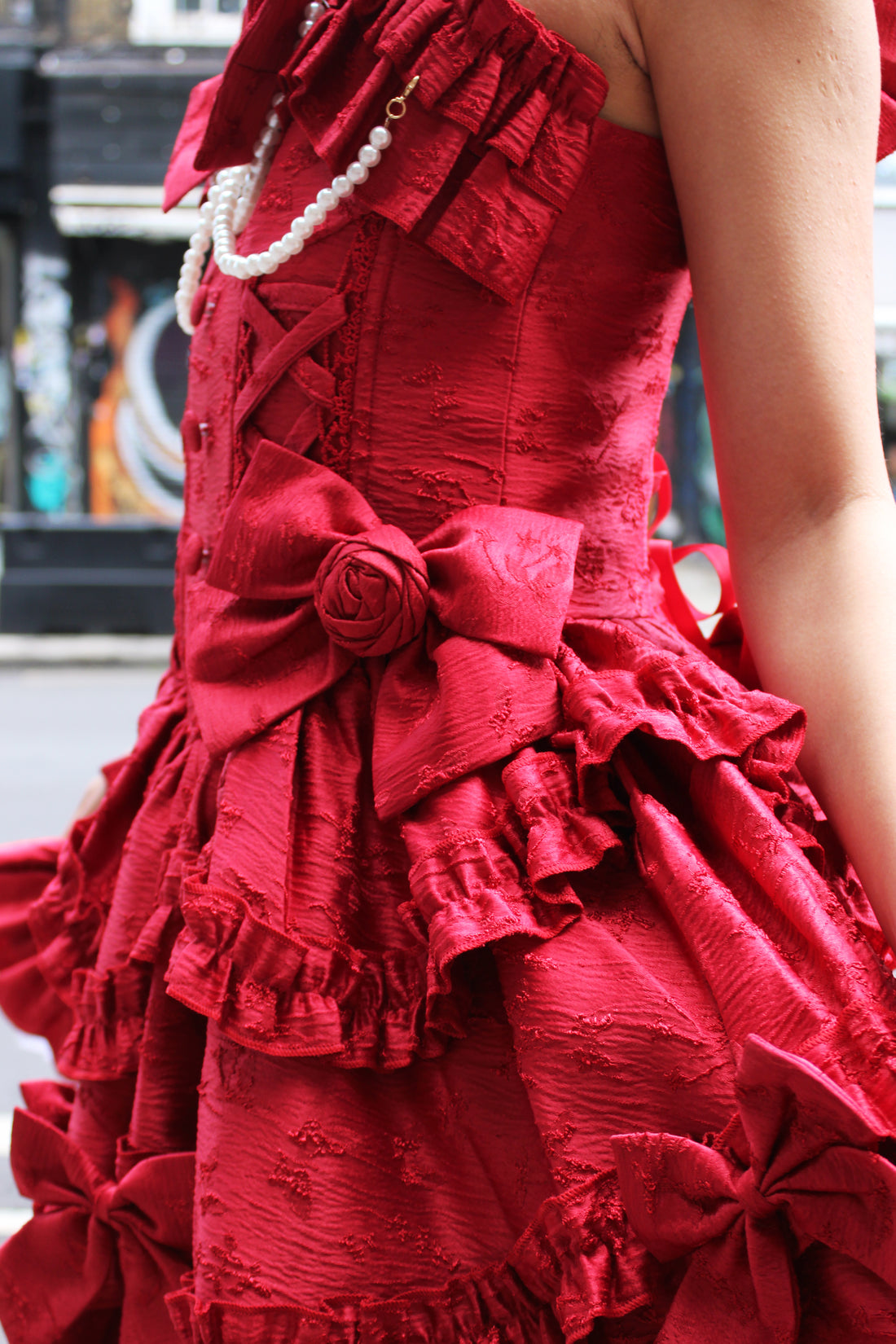 Scarlet Elegance – Red Ruffled Lolita Dress with Pearl Trimming