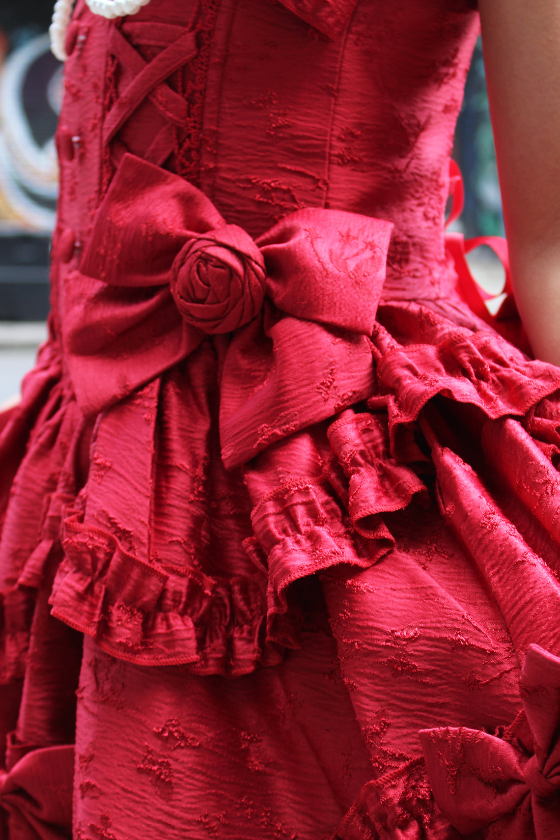 Scarlet Elegance – Red Ruffled Lolita Dress with Pearl Trimming