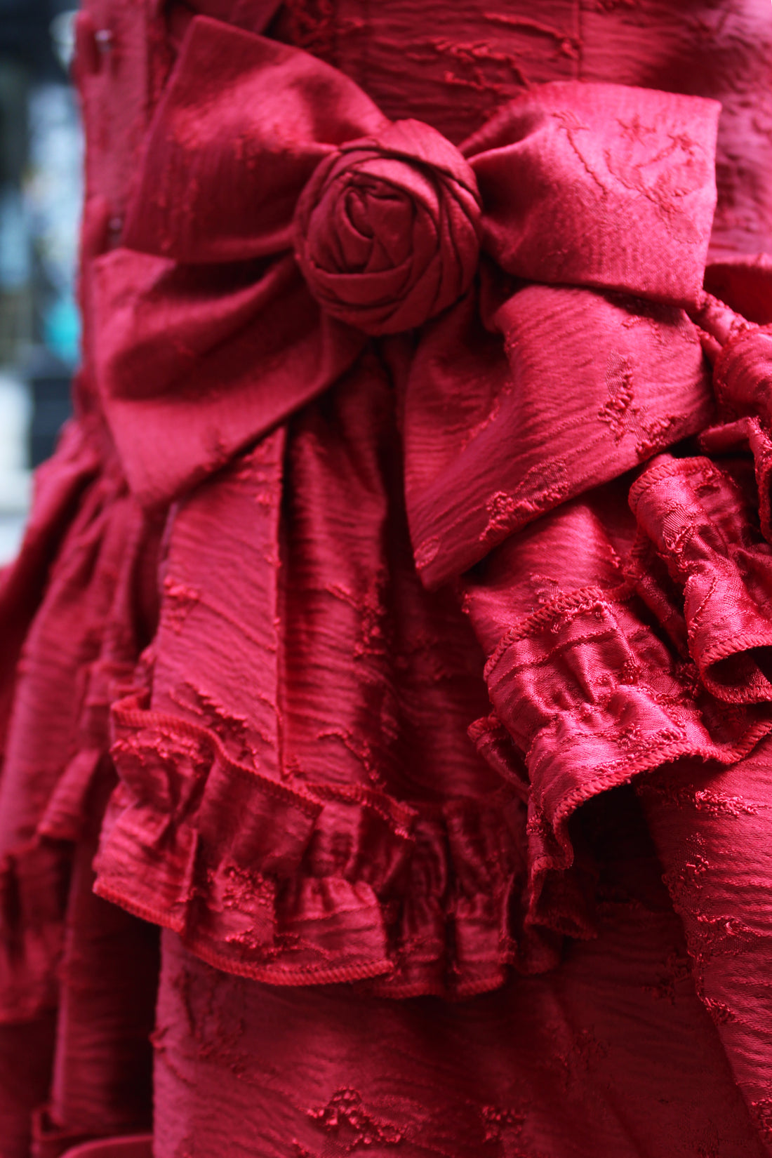 Scarlet Elegance – Red Ruffled Lolita Dress with Pearl Trimming