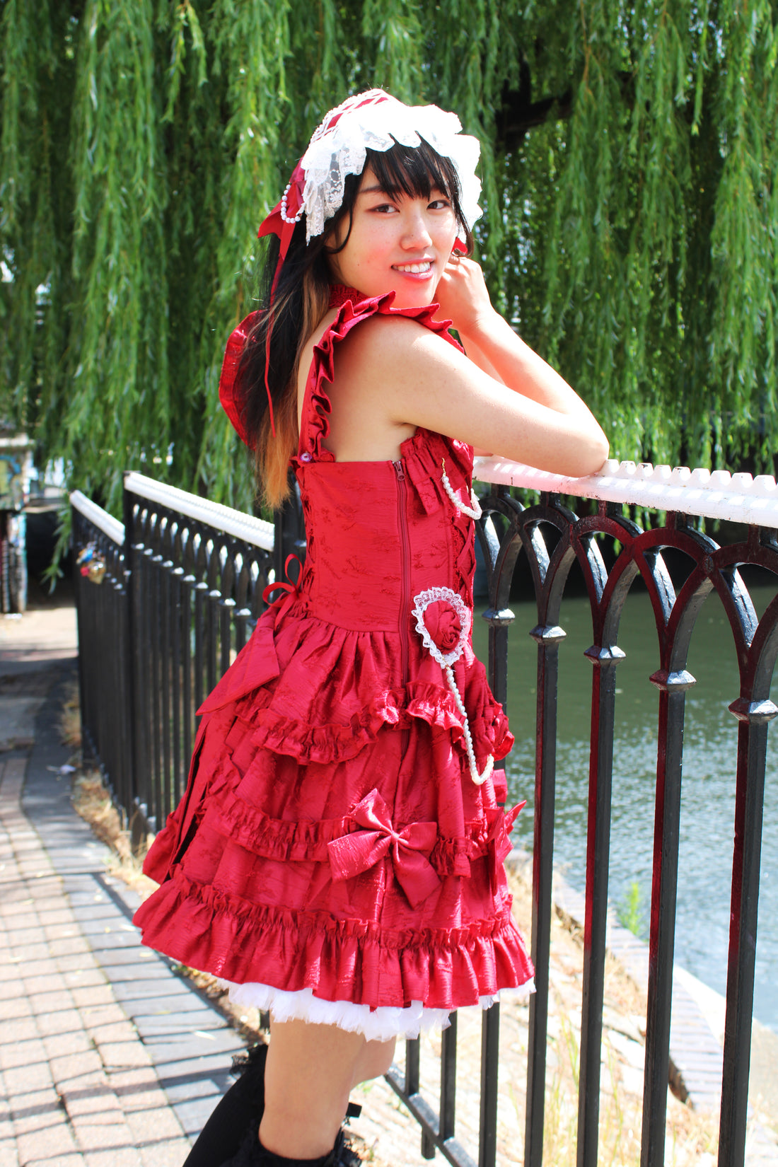 Scarlet Elegance – Red Ruffled Lolita Dress with Pearl Trimming