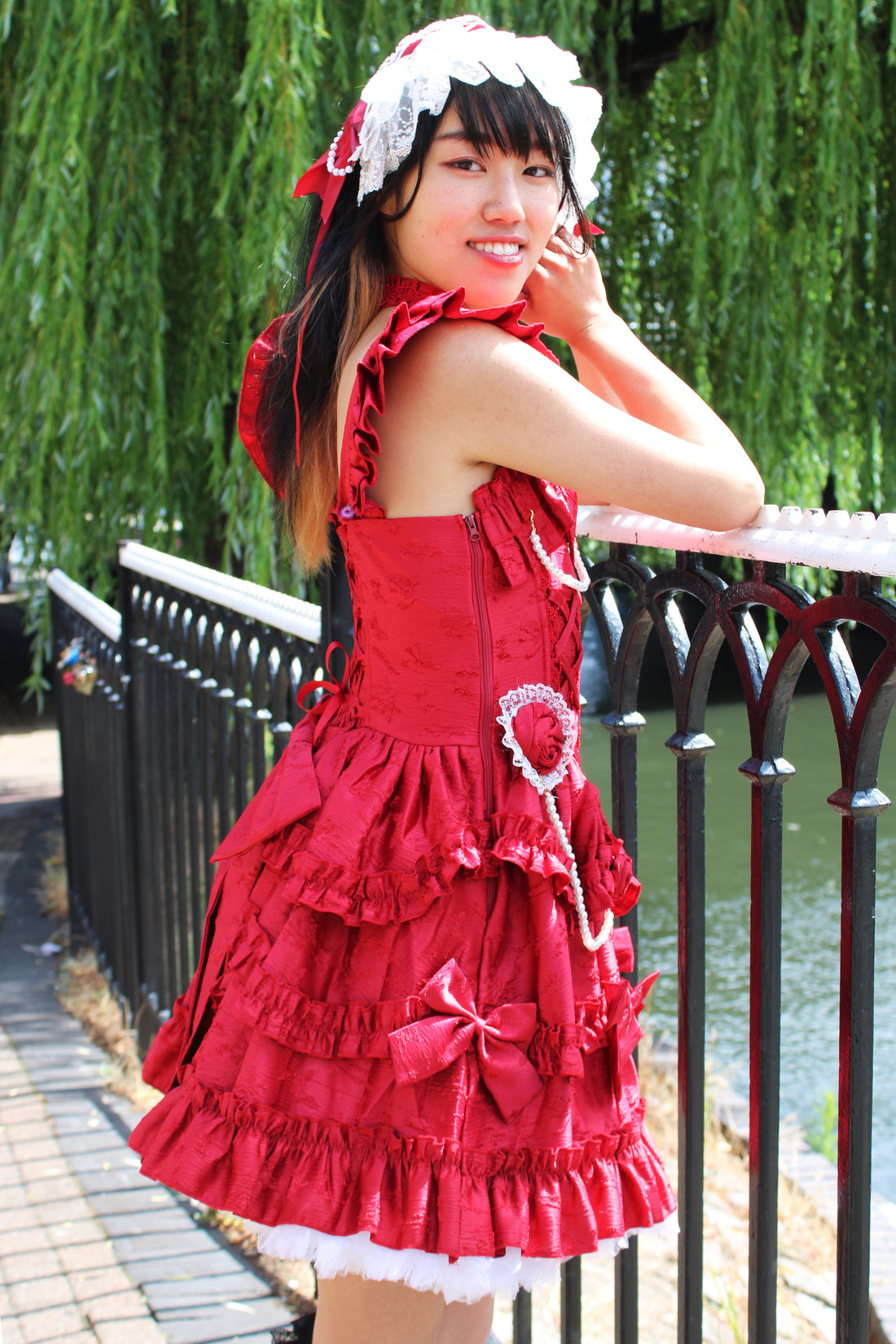 Scarlet Elegance – Red Ruffled Lolita Dress with Pearl Trimming