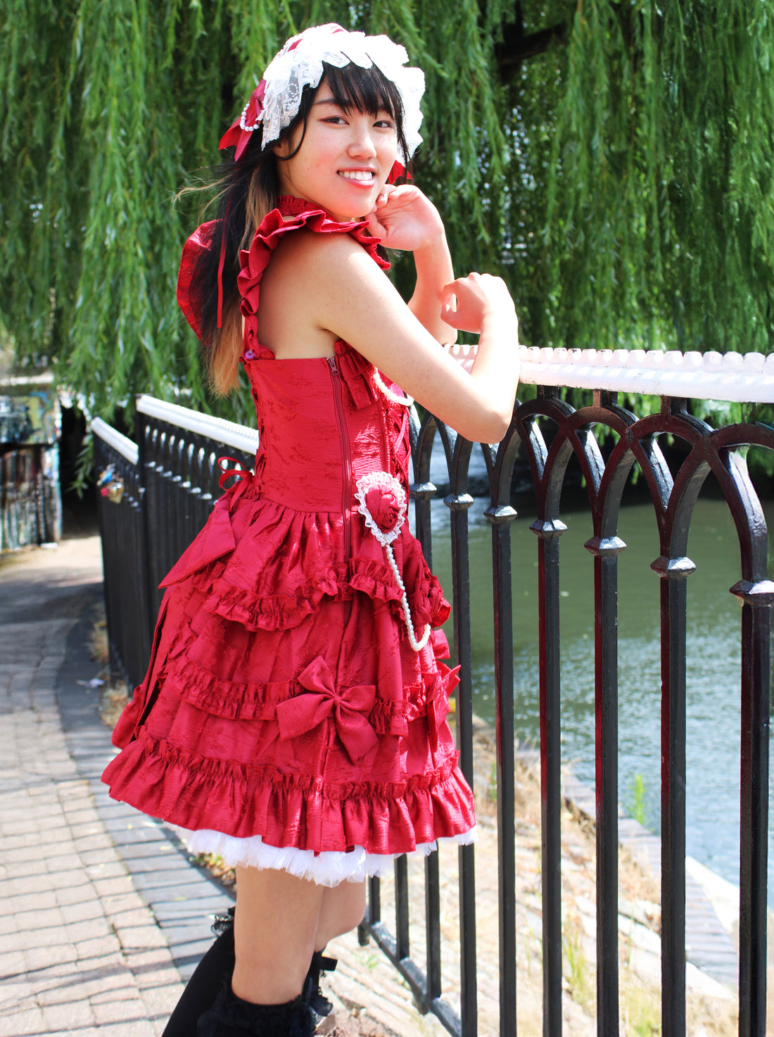 Scarlet Elegance – Red Ruffled Lolita Dress with Pearl Trimming