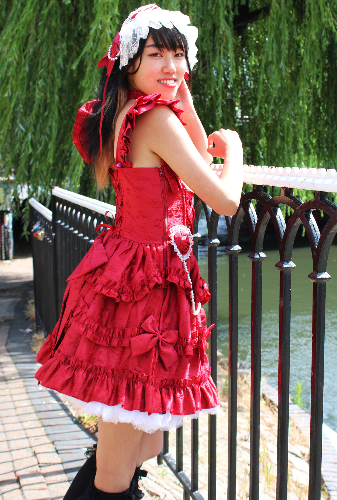 Scarlet Elegance – Red Ruffled Lolita Dress with Pearl Trimming