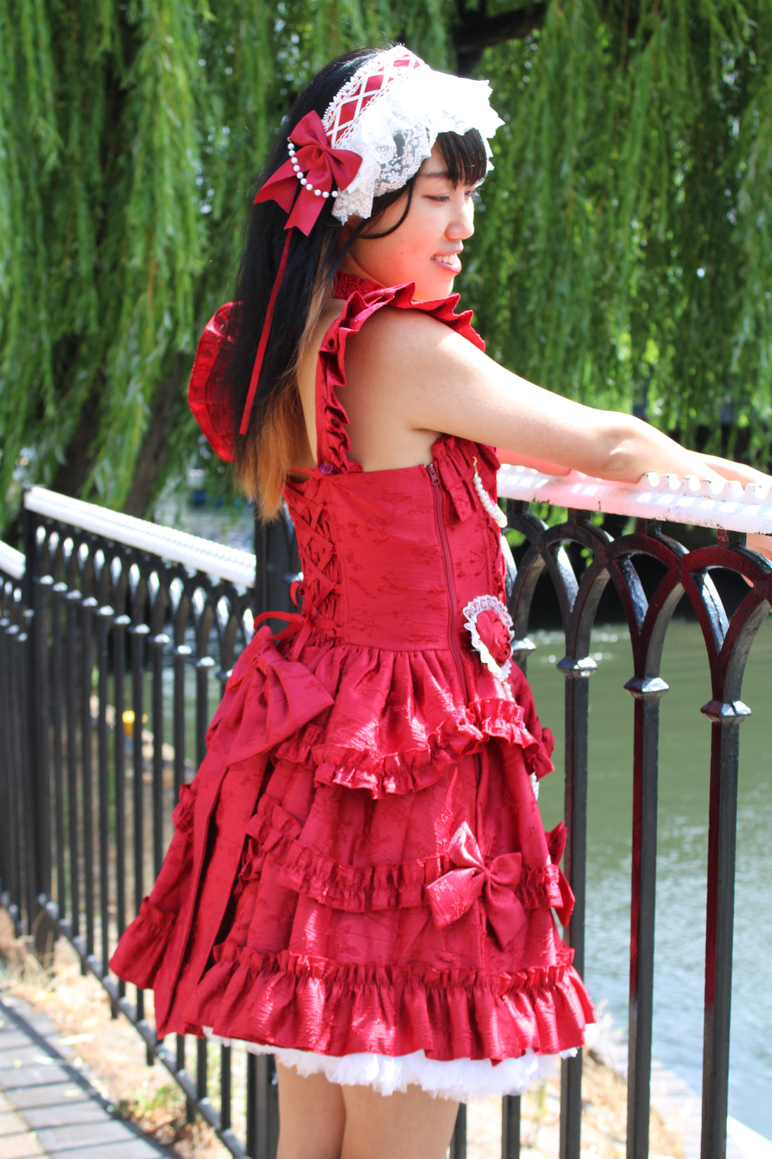 Scarlet Elegance – Red Ruffled Lolita Dress with Pearl Trimming