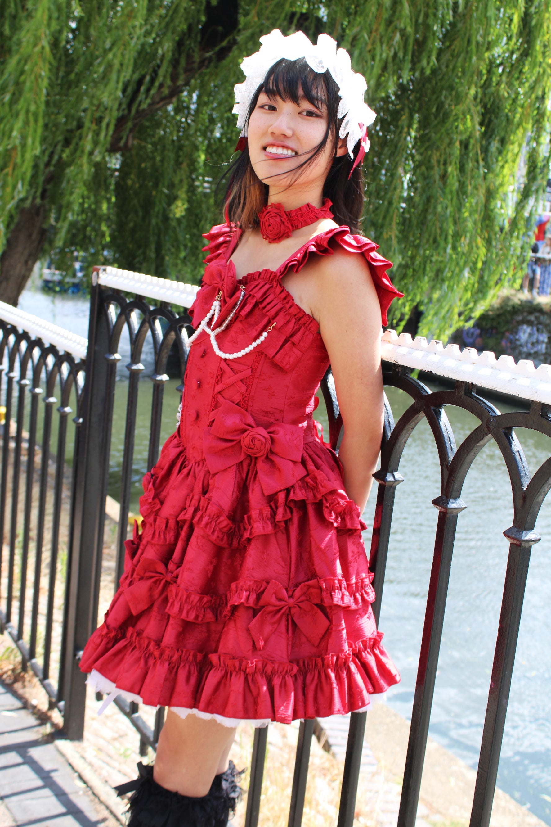 Scarlet Elegance – Red Ruffled Lolita Dress with Pearl Trimming