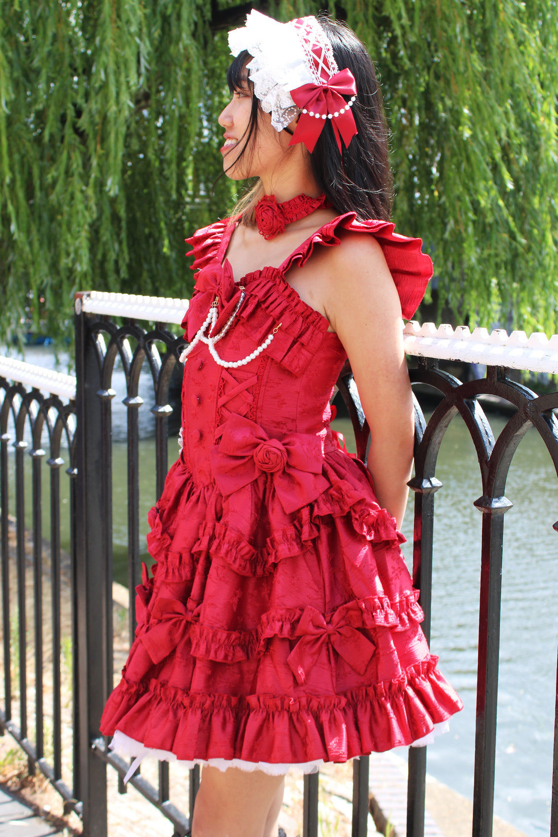 Scarlet Elegance – Red Ruffled Lolita Dress with Pearl Trimming