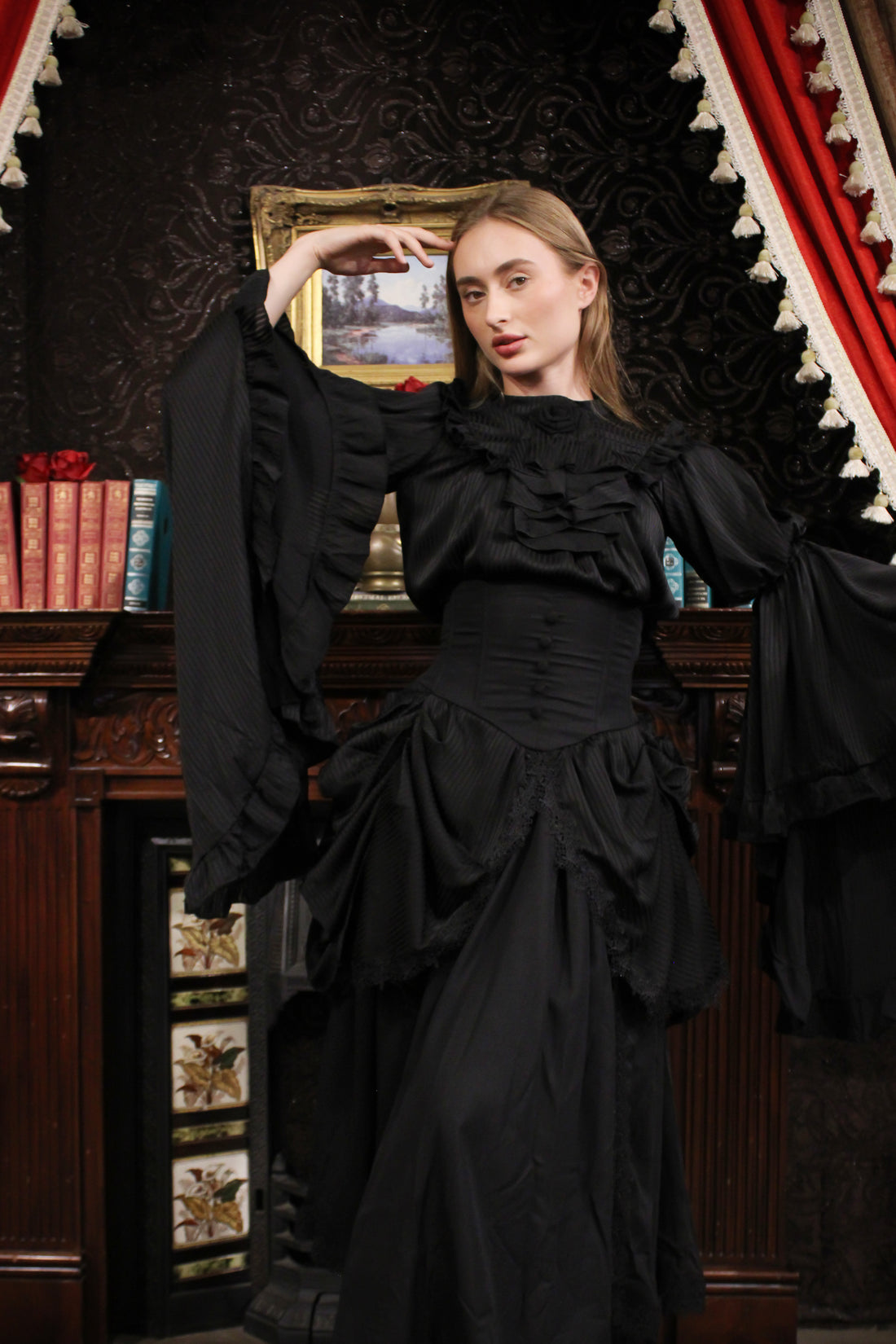 Lolita Dress Draped Gothic Black with Detachable Jabot & Petticoat with Hoops