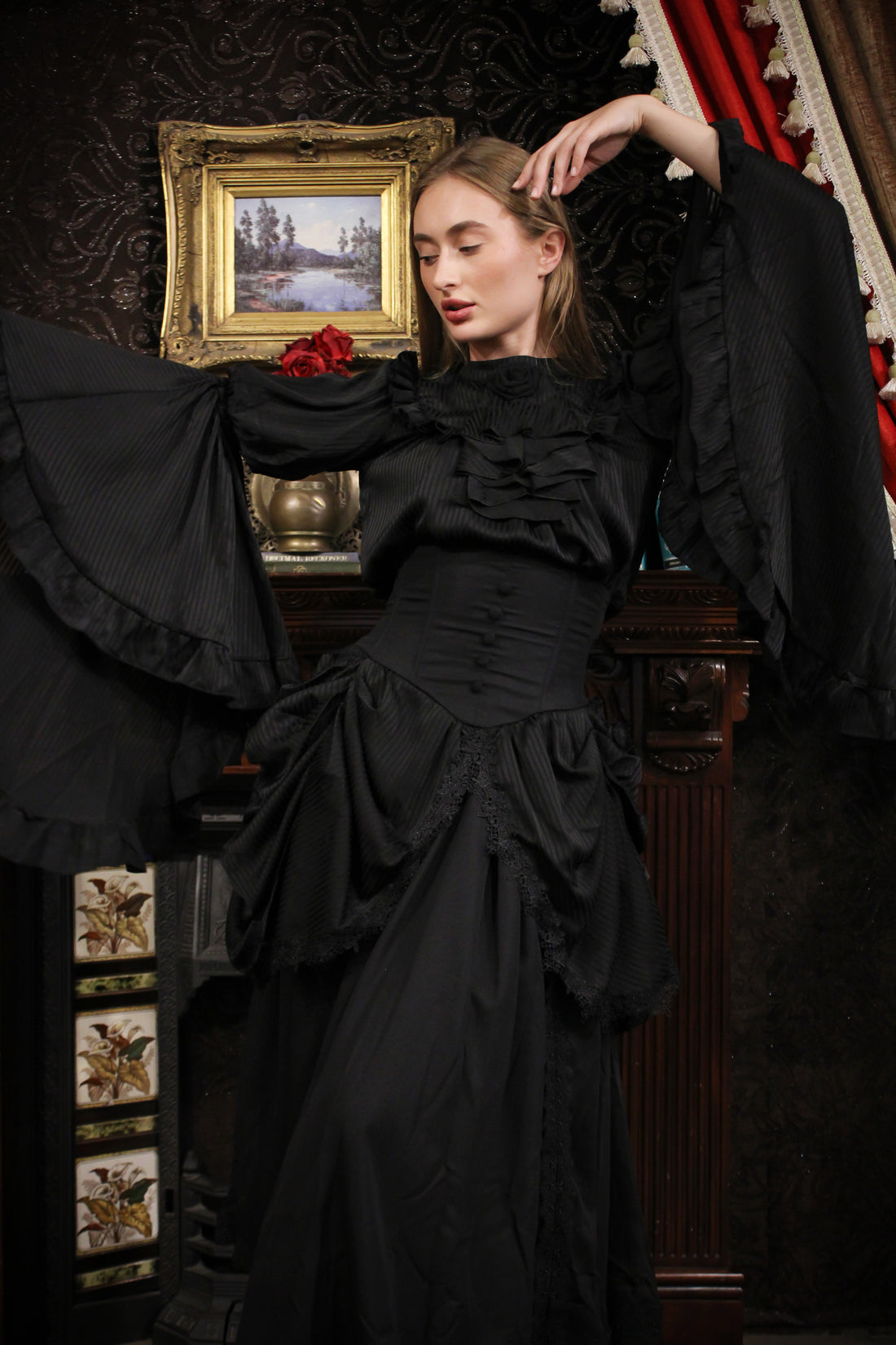 Lolita Dress Draped Gothic Black with Detachable Jabot & Petticoat with Hoops