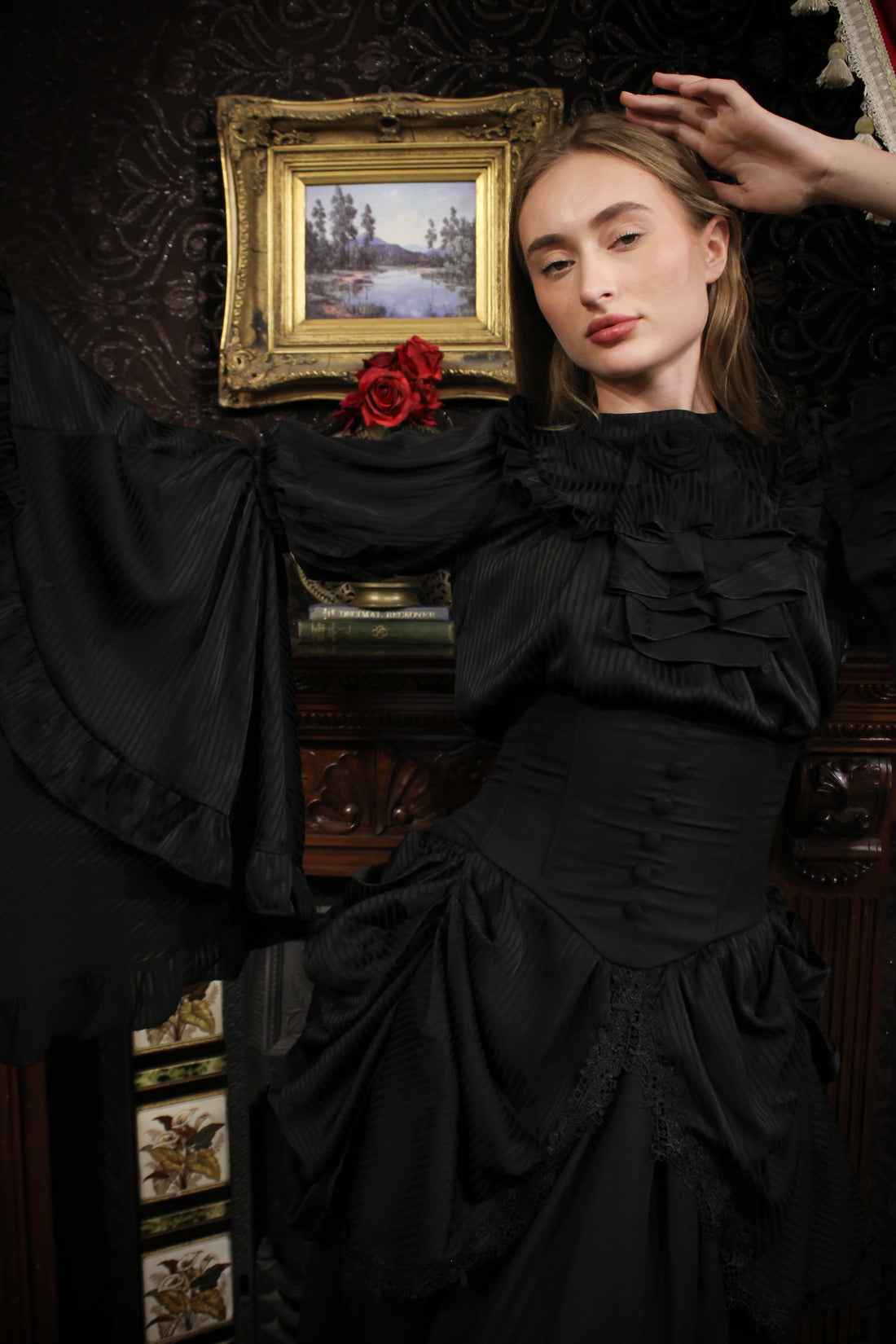 Lolita Dress Draped Gothic Black with Detachable Jabot & Petticoat with Hoops