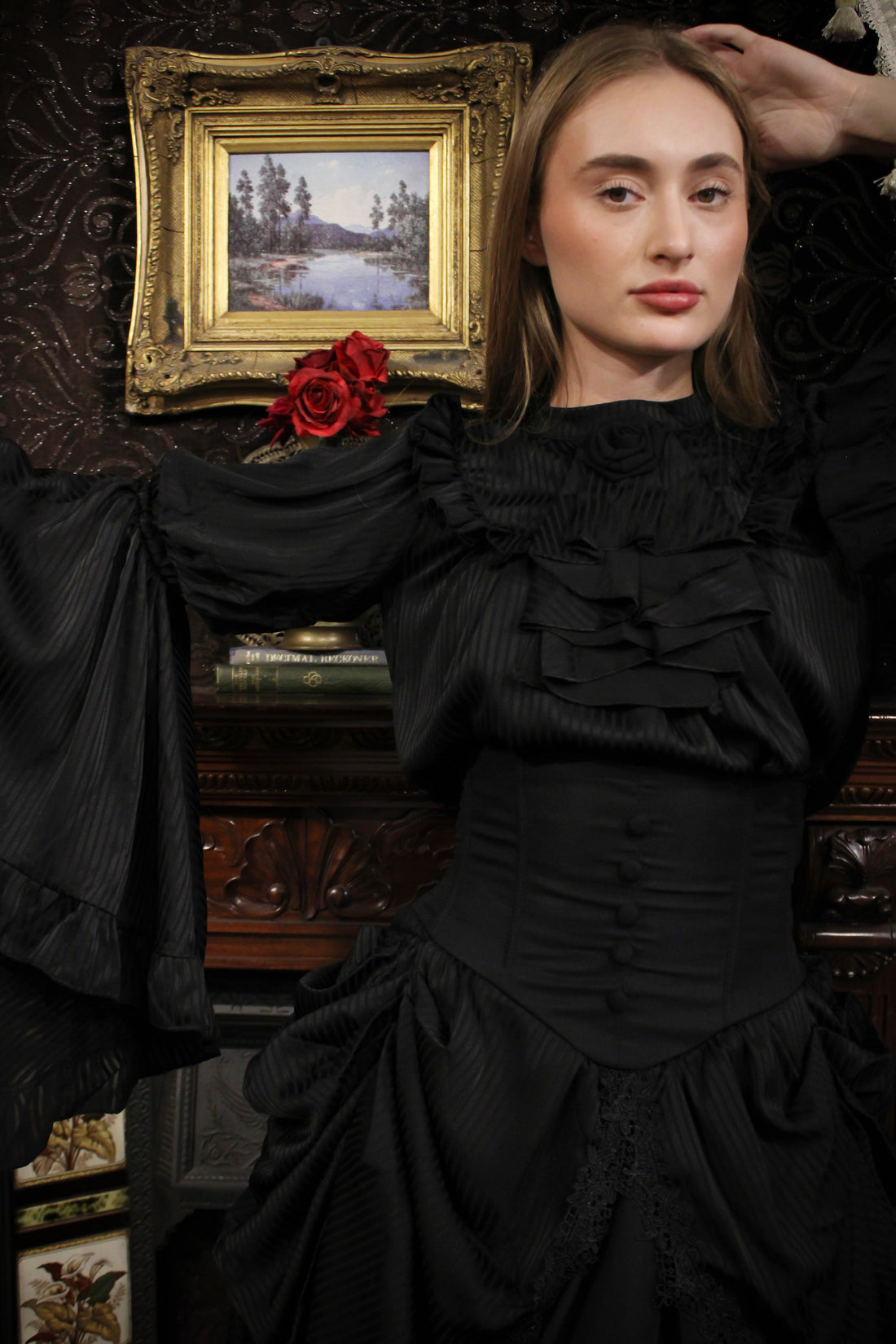 Lolita Dress Draped Gothic Black with Detachable Jabot & Petticoat with Hoops