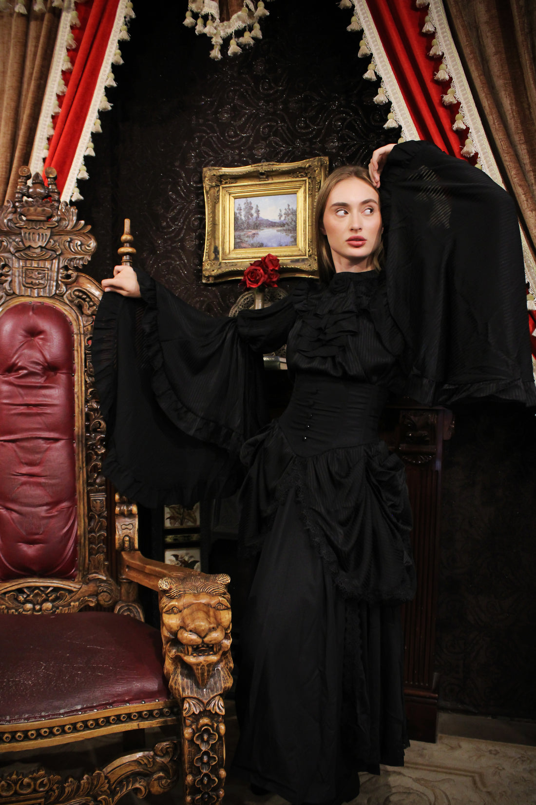 Lolita Dress Draped Gothic Black with Detachable Jabot & Petticoat with Hoops