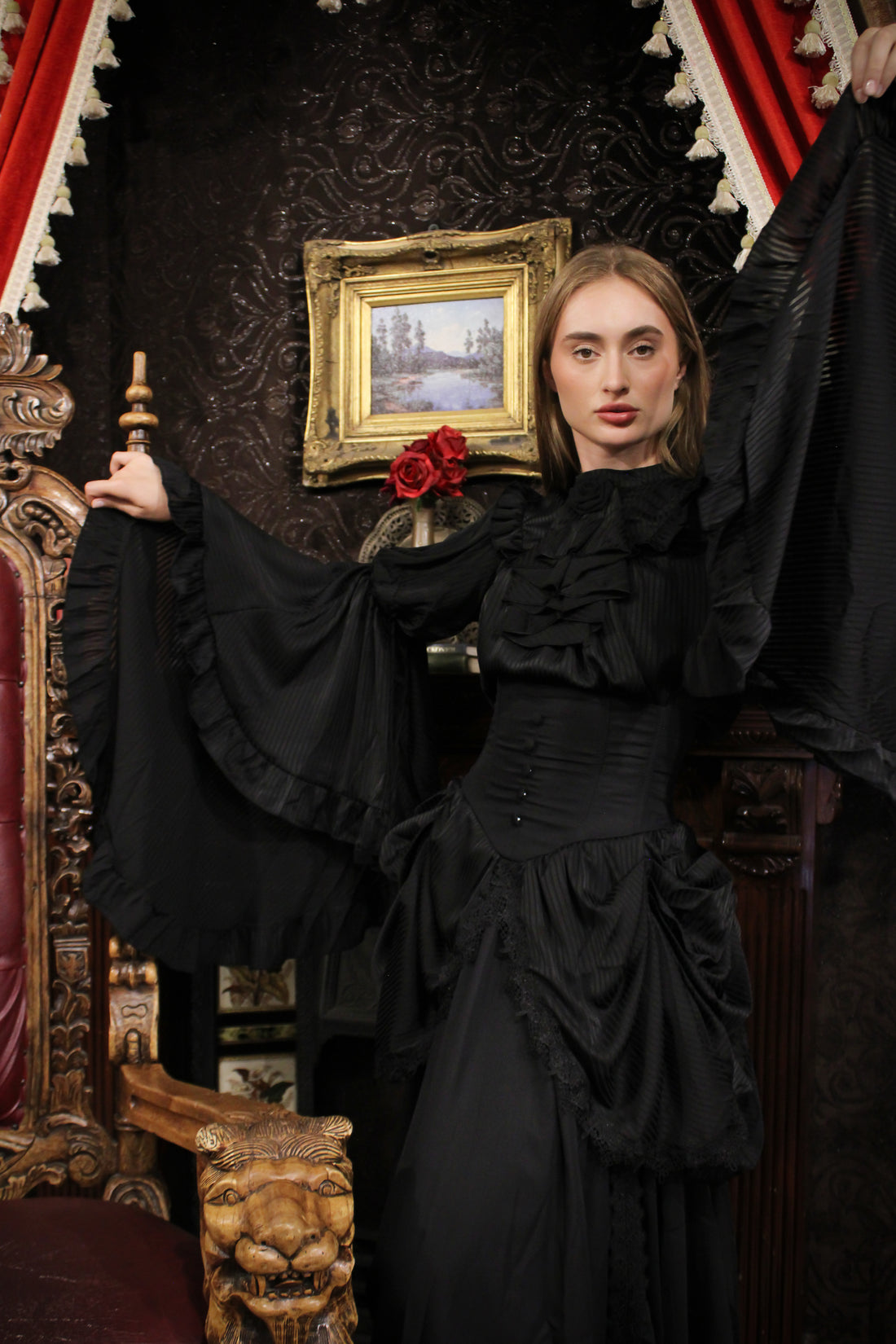 Lolita Dress Draped Gothic Black with Detachable Jabot & Petticoat with Hoops