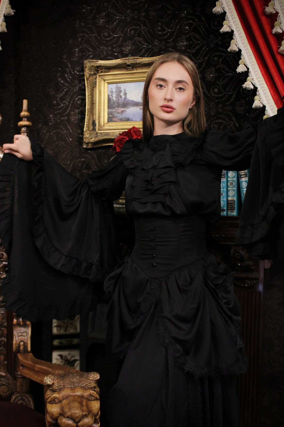 Lolita Dress Draped Gothic Black with Detachable Jabot & Petticoat with Hoops