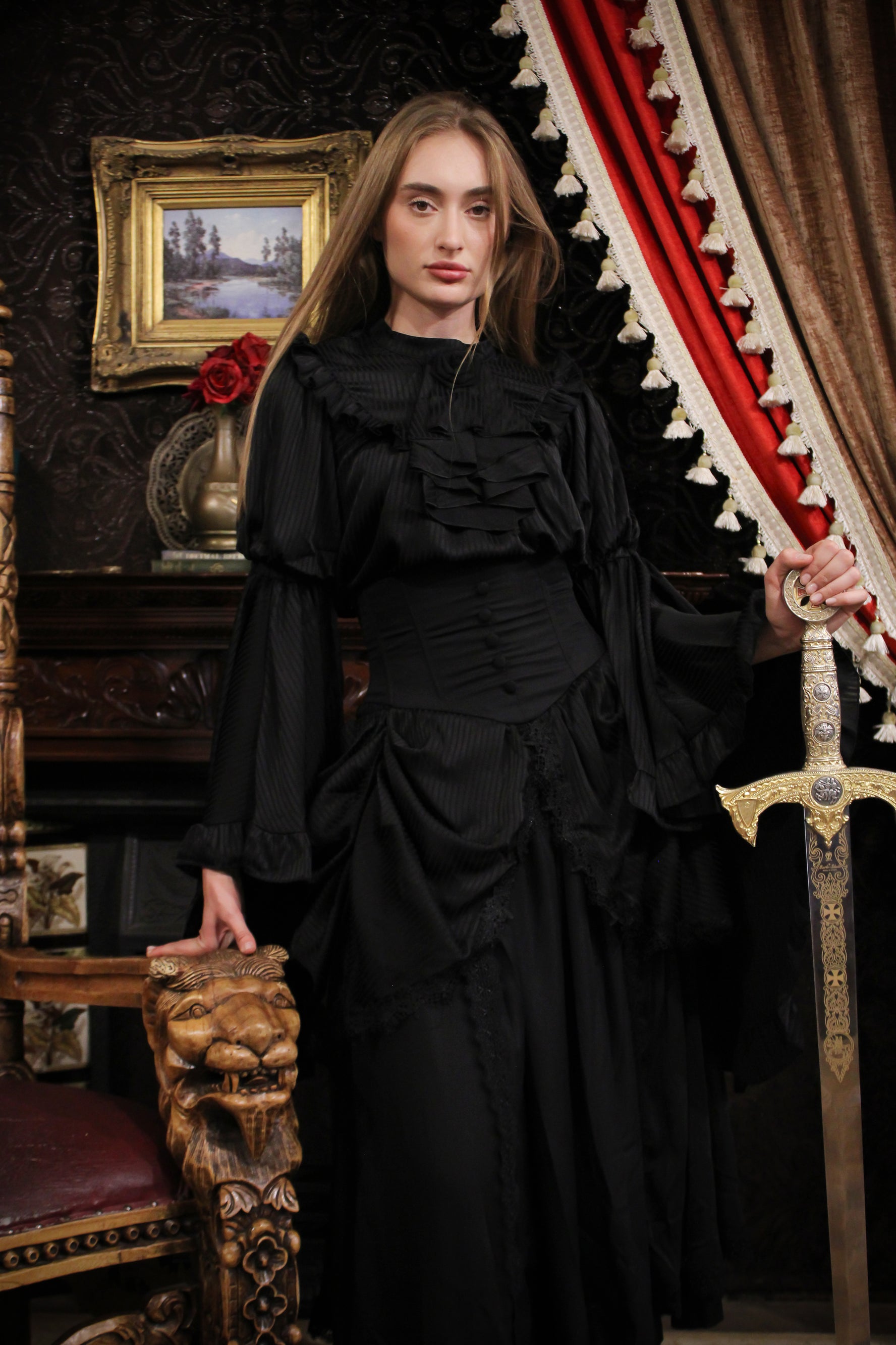 Lolita Dress Draped Gothic Black with Detachable Jabot & Petticoat with Hoops