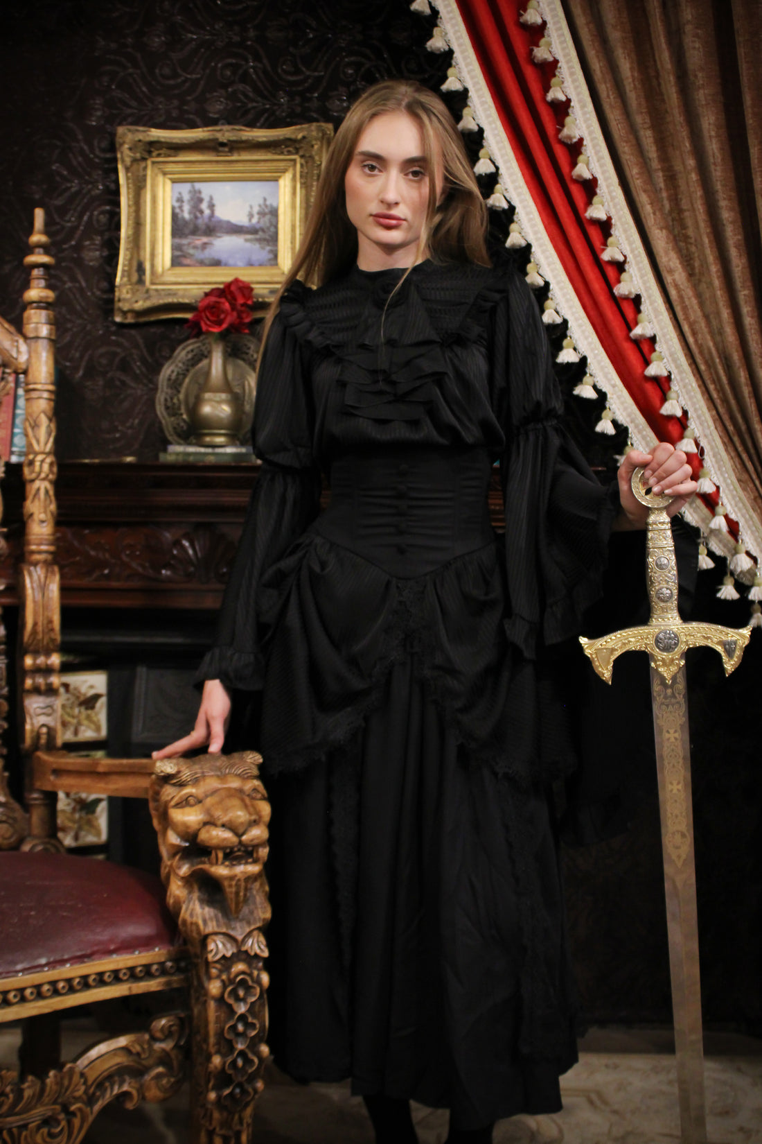 Lolita Dress Draped Gothic Black with Detachable Jabot & Petticoat with Hoops