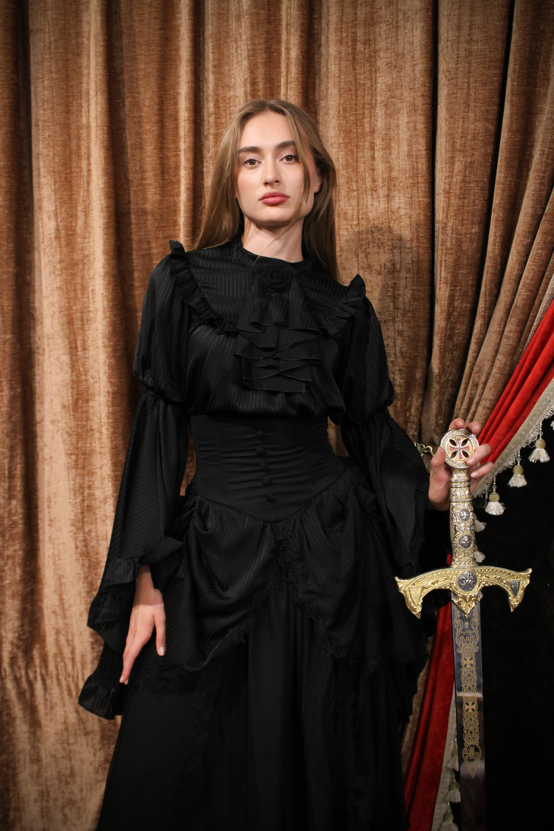 Lolita Dress Draped Gothic Black with Detachable Jabot & Petticoat with Hoops