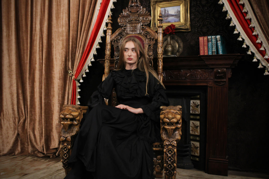 Lolita Dress Draped Gothic Black with Detachable Jabot & Petticoat with Hoops
