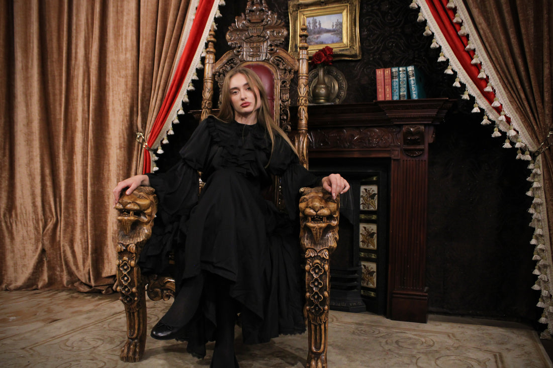 Lolita Dress Draped Gothic Black with Detachable Jabot & Petticoat with Hoops
