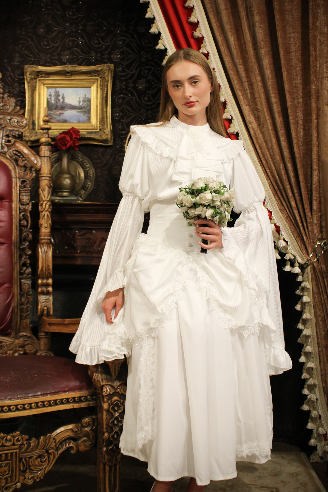 Lolita Dress Draped Gothic with Detachable Jabot & Petticoat with Hoops