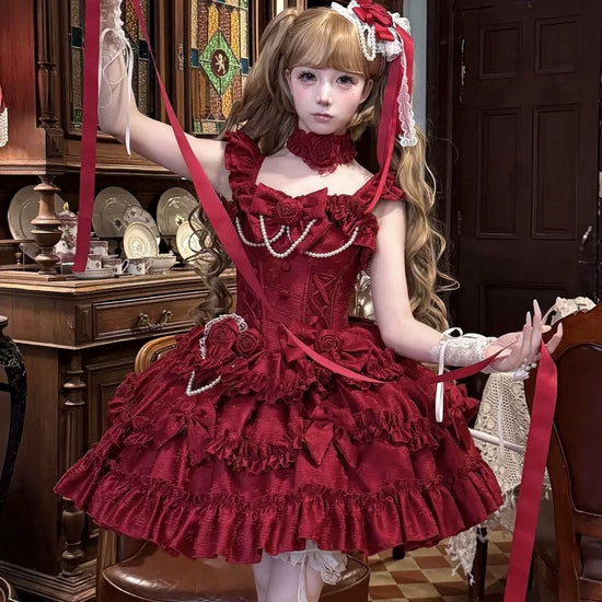 red lolita dress Red Dark Bunny Print Basque Waist Lolita Dress + Beige Bishop Sleeves Top