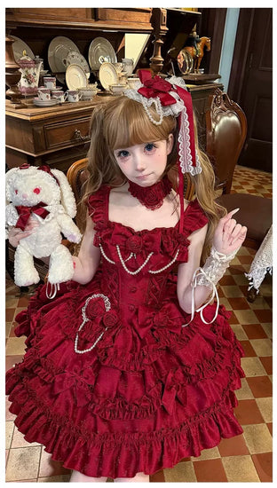 Scarlet Elegance – Red Ruffled Lolita Dress with Pearl Trimming Scarlet Elegance – Red Ruffled Lolita Dress with Pearl Trimming