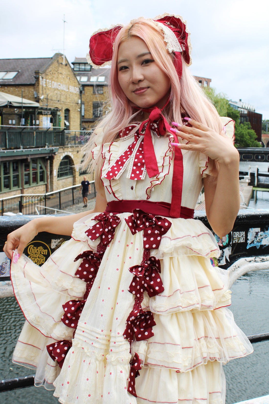 🎀 Vintage Lolita Dress – Cream & Burgundy with Bonnet 🎀