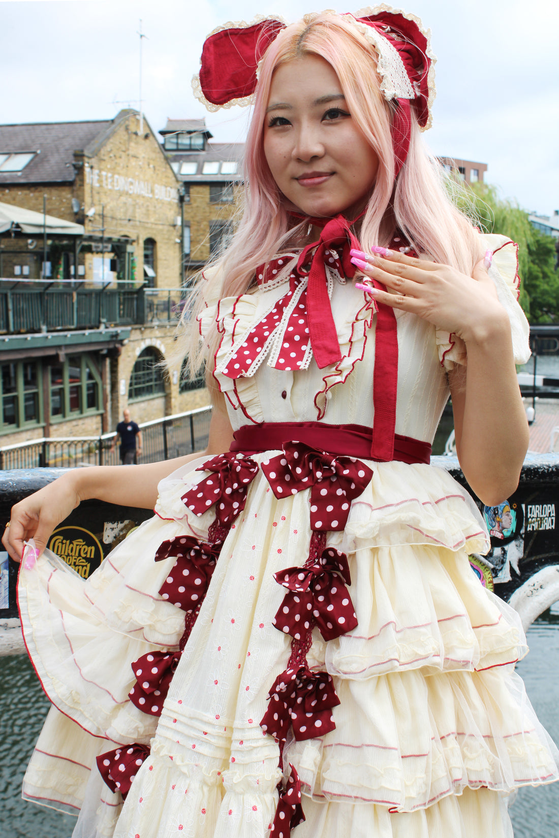 🎀 Vintage Lolita Dress – Cream & Burgundy with Bonnet 🎀