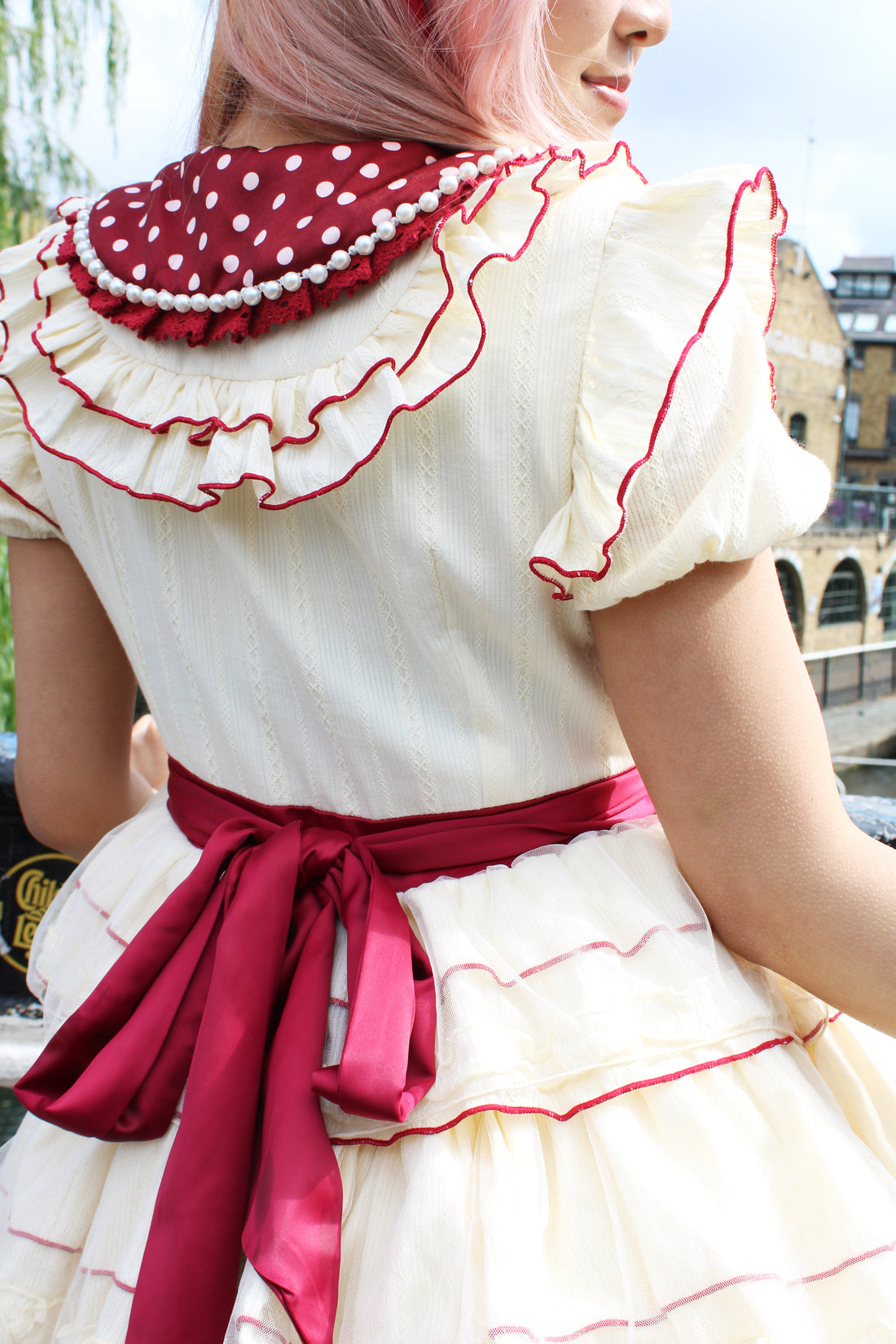 🎀 Vintage Lolita Dress – Cream & Burgundy with Bonnet 🎀