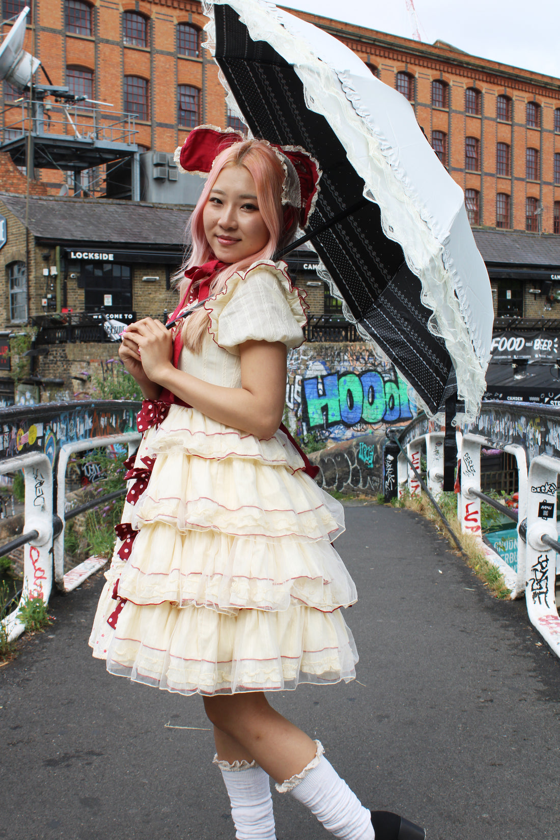 🎀 Vintage Lolita Dress – Cream & Burgundy with Bonnet 🎀