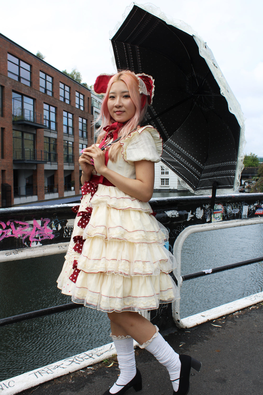 🎀 Vintage Lolita Dress – Cream & Burgundy with Bonnet 🎀