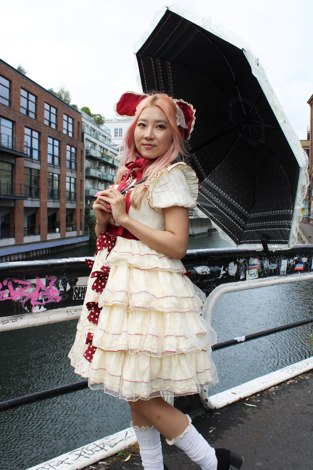 🎀 Vintage Lolita Dress – Cream & Burgundy with Bonnet 🎀