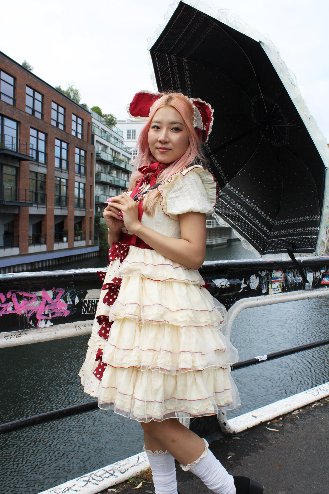 🎀 Vintage Lolita Dress – Cream & Burgundy with Bonnet 🎀