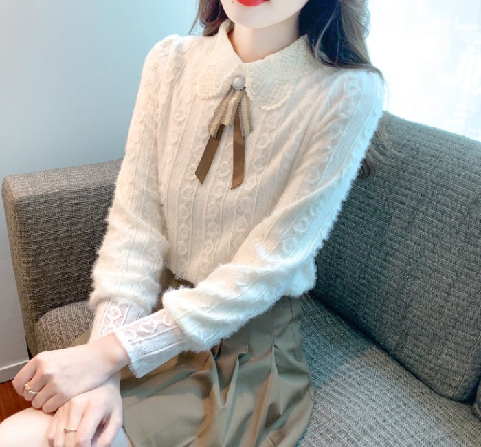 Pearl Ribbon Doll-Collar Chiffon Blouse