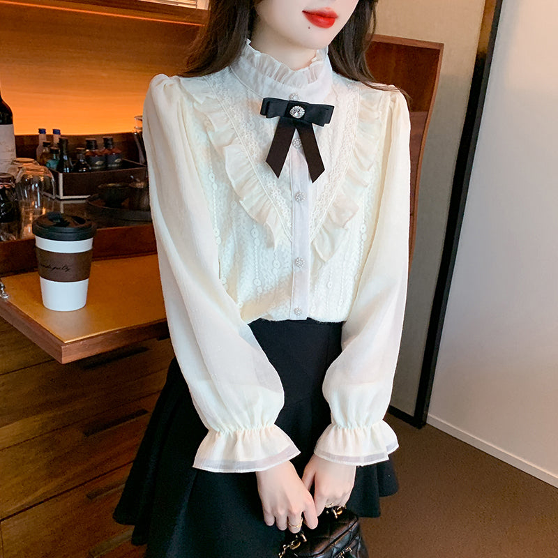 Victorian Ruffle Lace Blouse with Black Bow