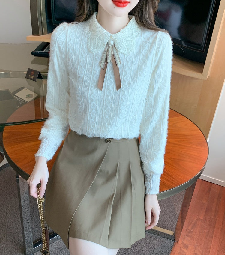 Pearl Ribbon Doll-Collar Chiffon Blouse