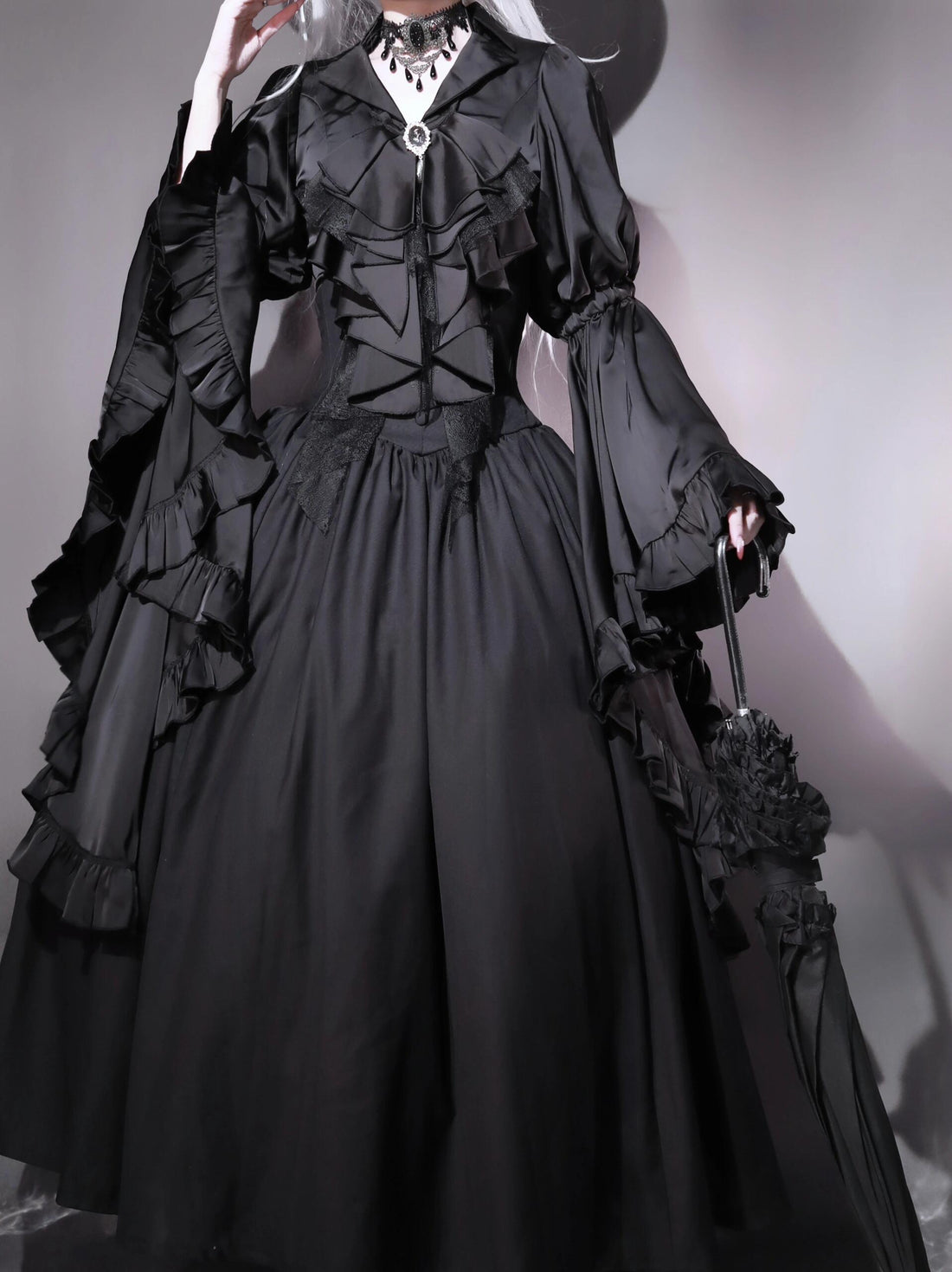 Lolita Dress Draped Gothic Black with Detachable Jabot & Petticoat with Hoops