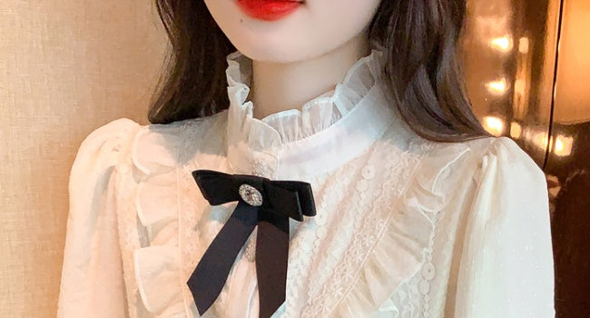 Victorian Ruffle Lace Blouse with Black Bow