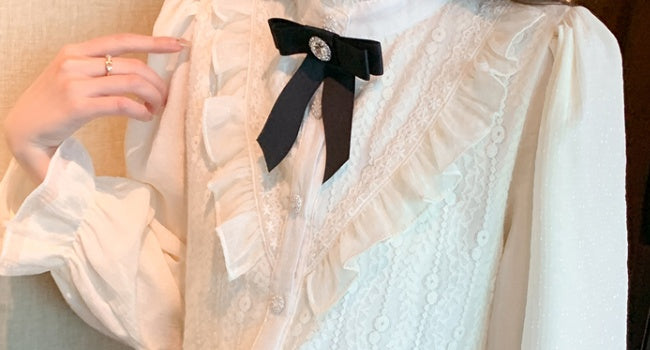 Victorian Ruffle Lace Blouse with Black Bow