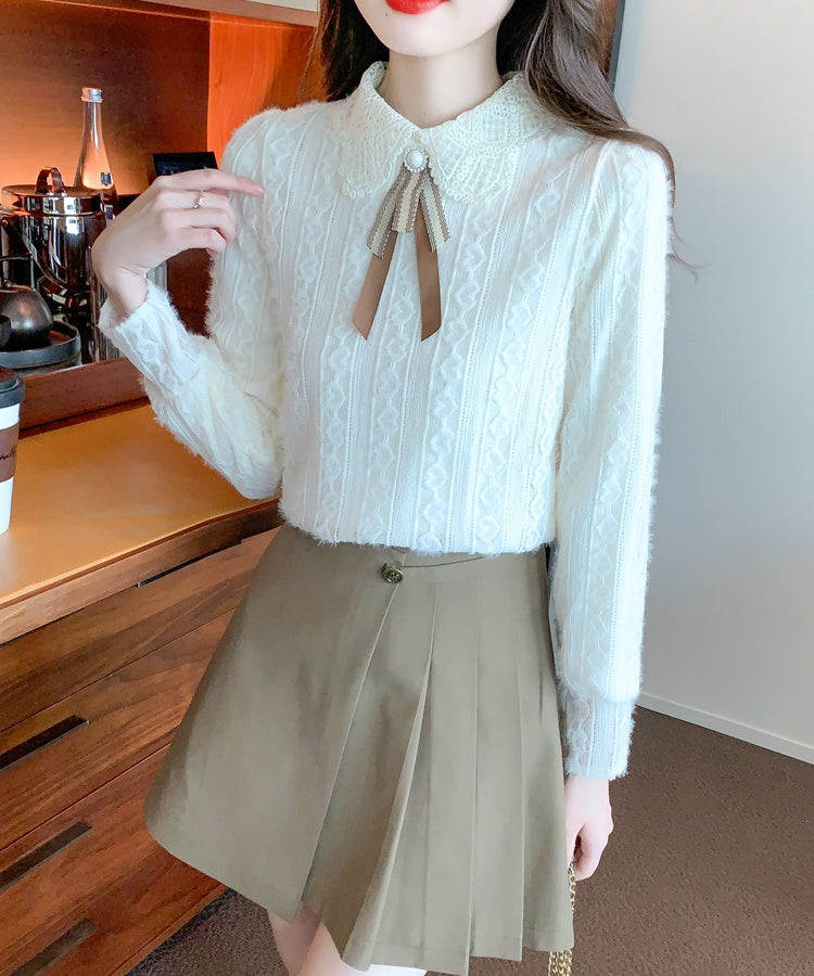 Pearl Ribbon Doll-Collar Chiffon Blouse
