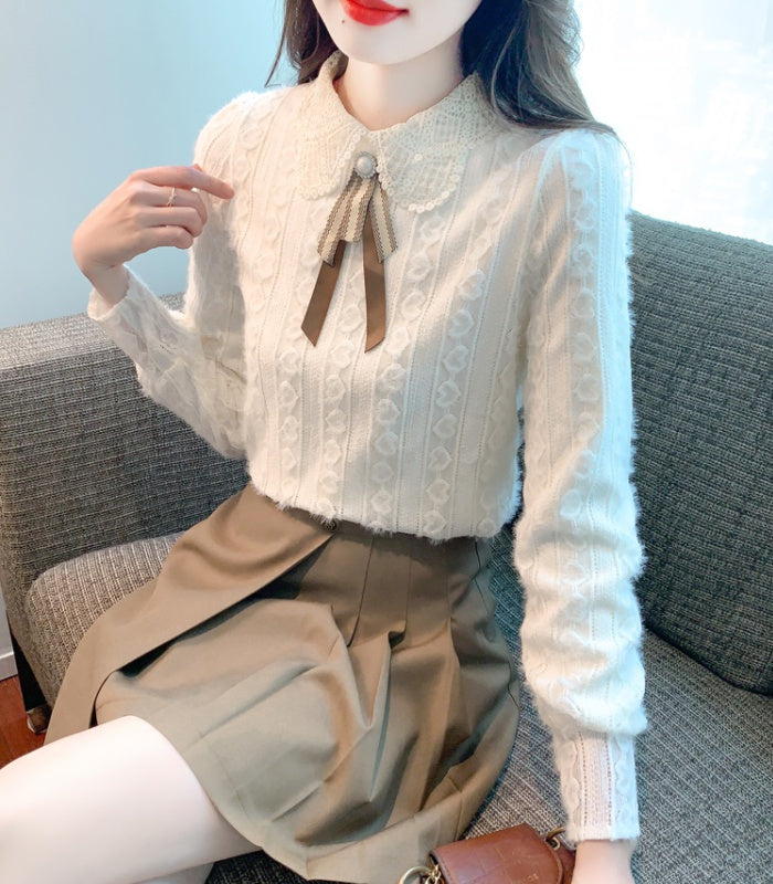 Pearl Ribbon Doll-Collar Chiffon Blouse