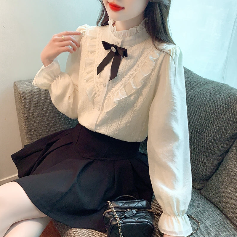 Victorian Ruffle Lace Blouse with Black Bow