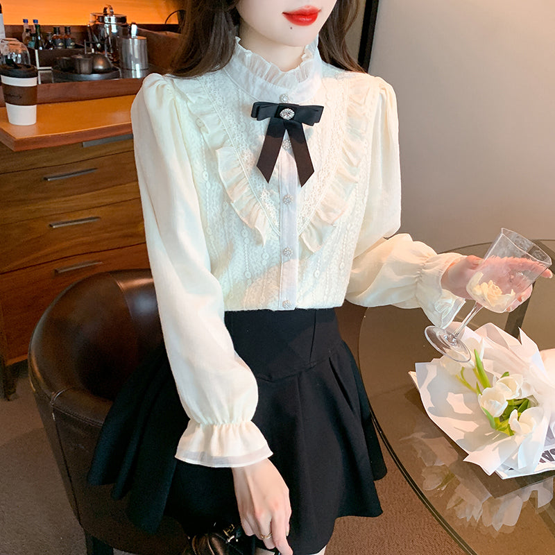 Victorian Ruffle Lace Blouse with Black Bow